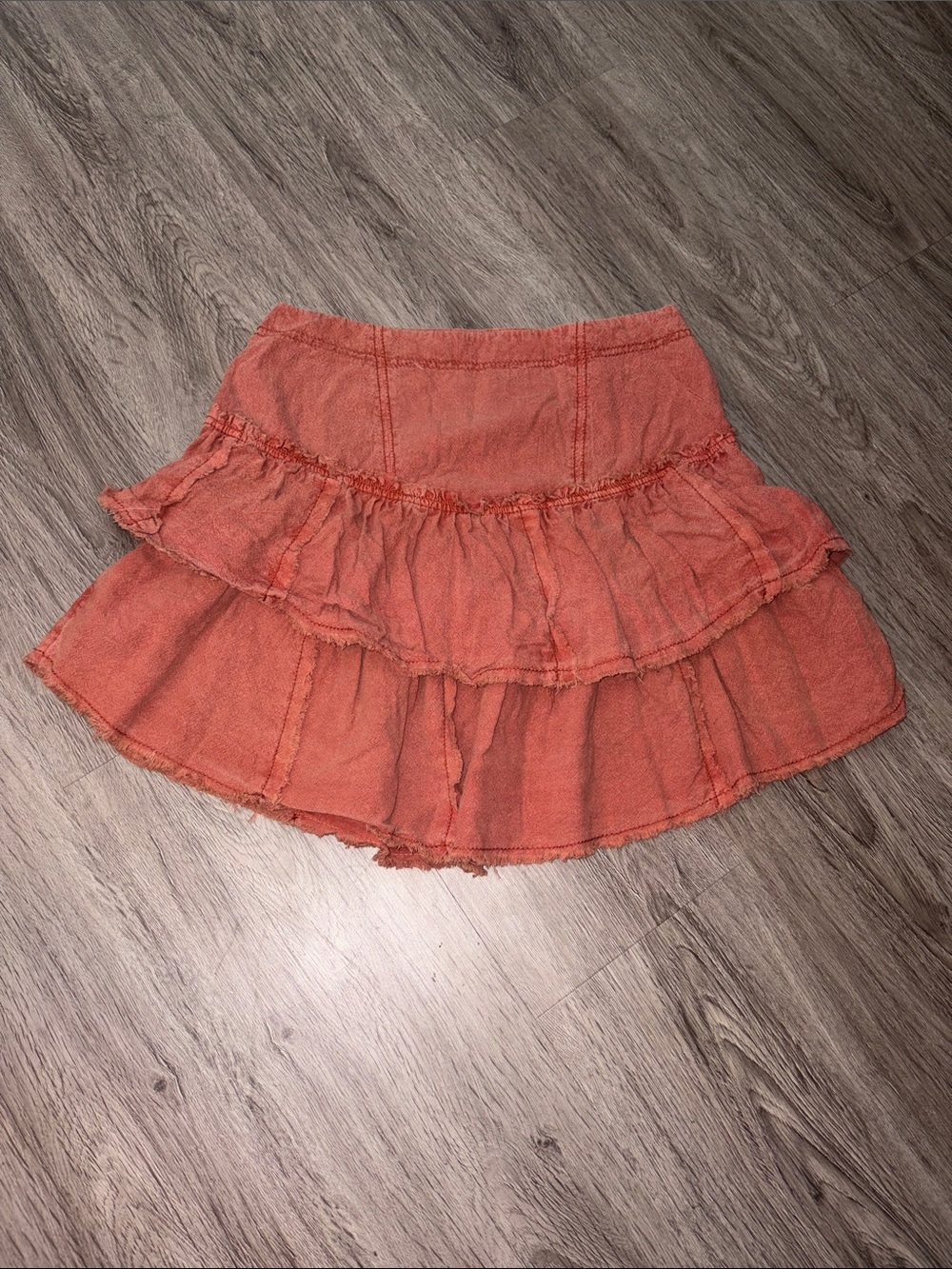 Free People Tiered Ruffle Mini Skirt in Coral Orange